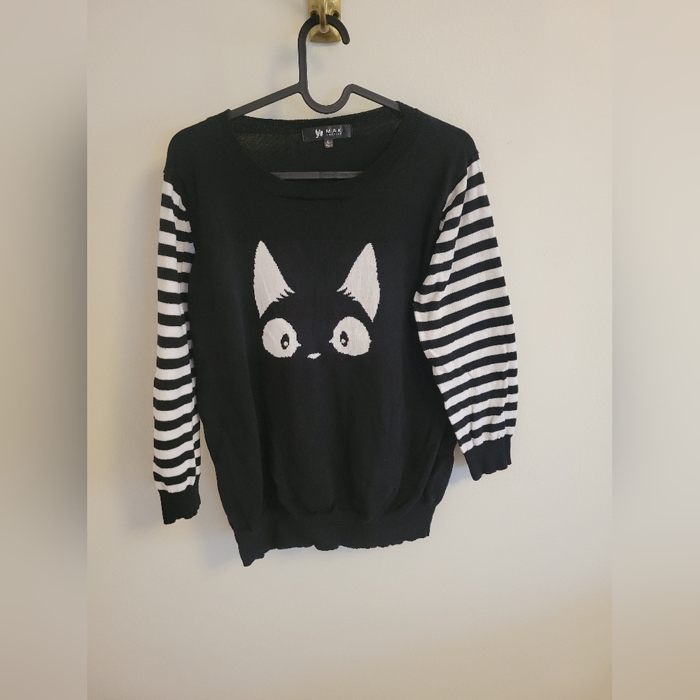 Black & White Cat Graphic Stripe Sleeve Sweater